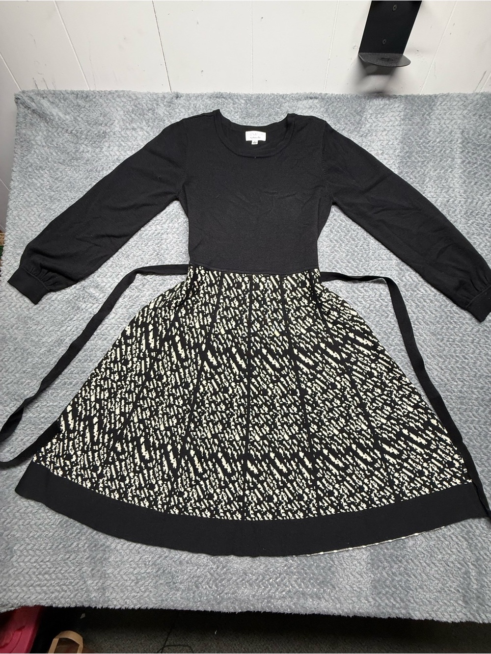 Robbie Bee Black and Cream Long-Sleeve Knit Dress with Patterned Skirt